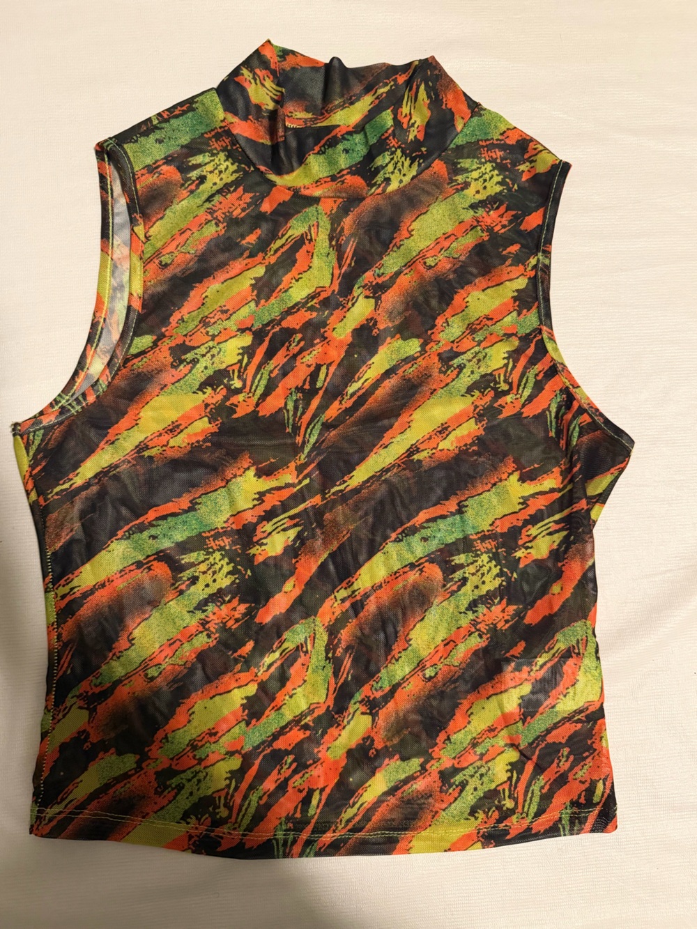 SHEIN Neon Abstract Sleeveless Mock Neck Tank Top - Orange & Green